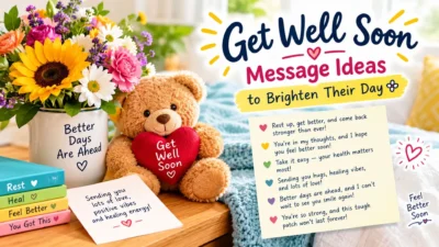 Get Well Soon Message Ideas to Brighten Their Day with colorful flowers, a teddy bear holding a heart, and uplifting recovery messages.