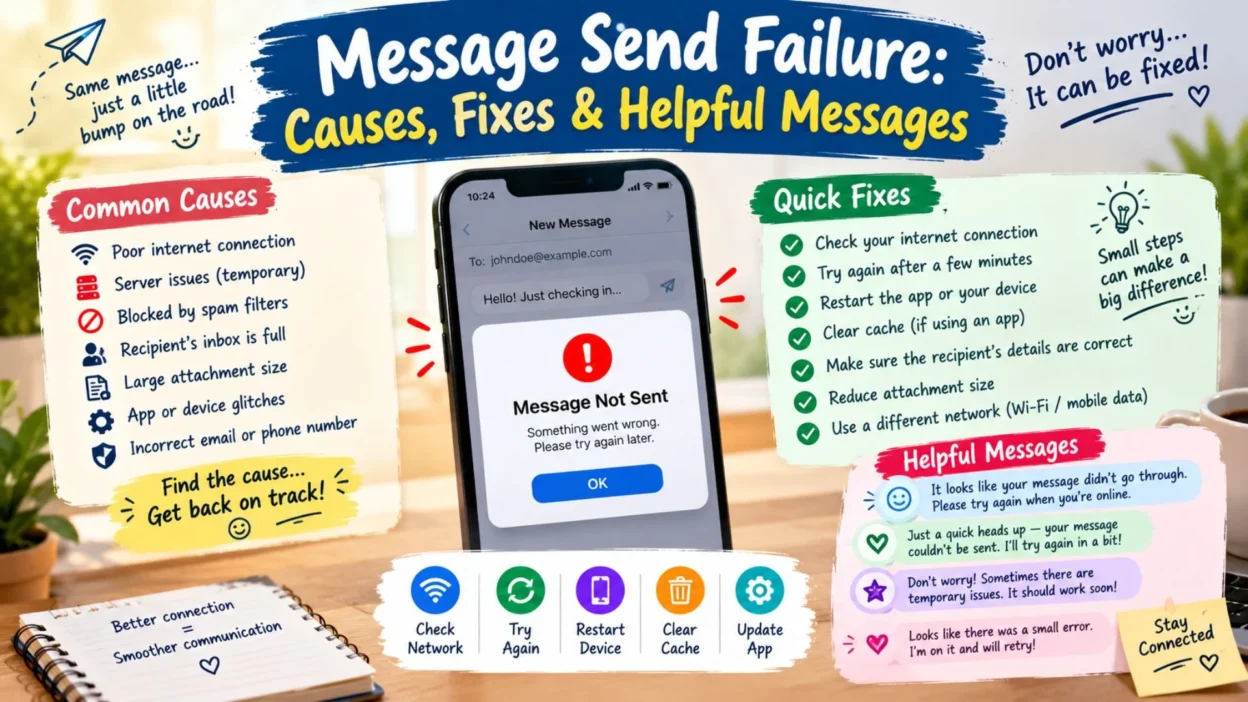 Message send failure with common causes, fixes, and helpful messages 📩