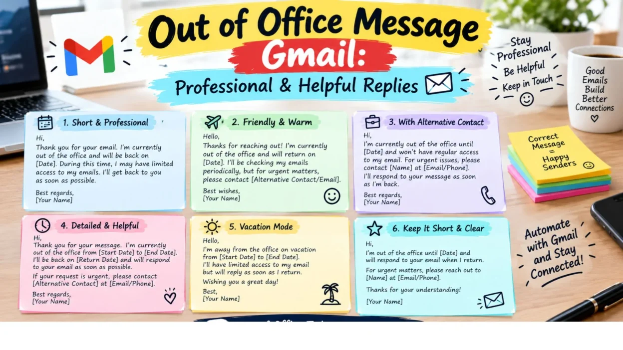 Out of office message Gmail with professional and helpful email reply ideas 📧