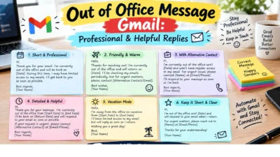 Out of office message Gmail with professional and helpful email reply ideas 📧