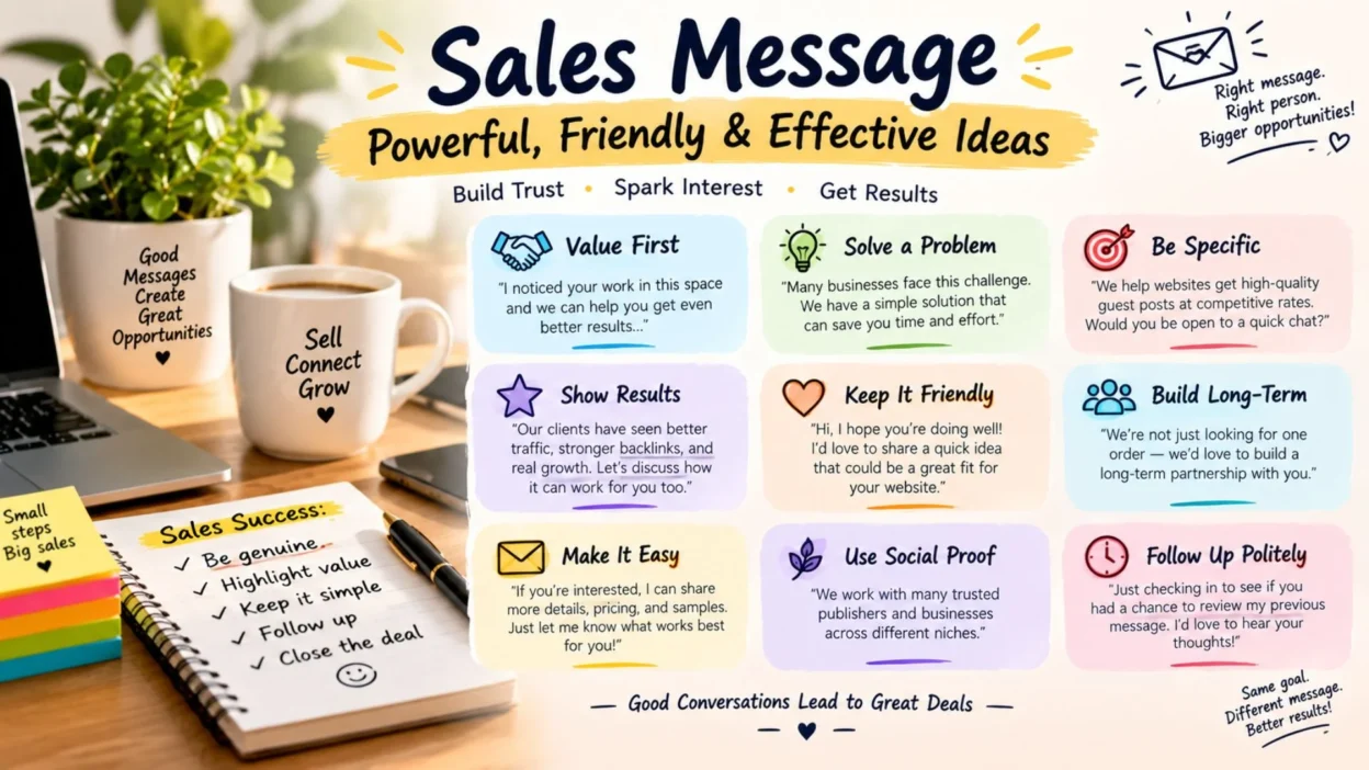 Sales message examples for customers, products, offers, and business promotions