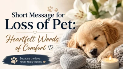 Short message for loss of pet to send a friend, featuring a sleeping puppy, candle, and heartfelt words of comfort.