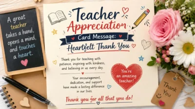 Teacher appreciation card message with heartfelt thank you, flowers, notebook, pencil, and classroom-themed design