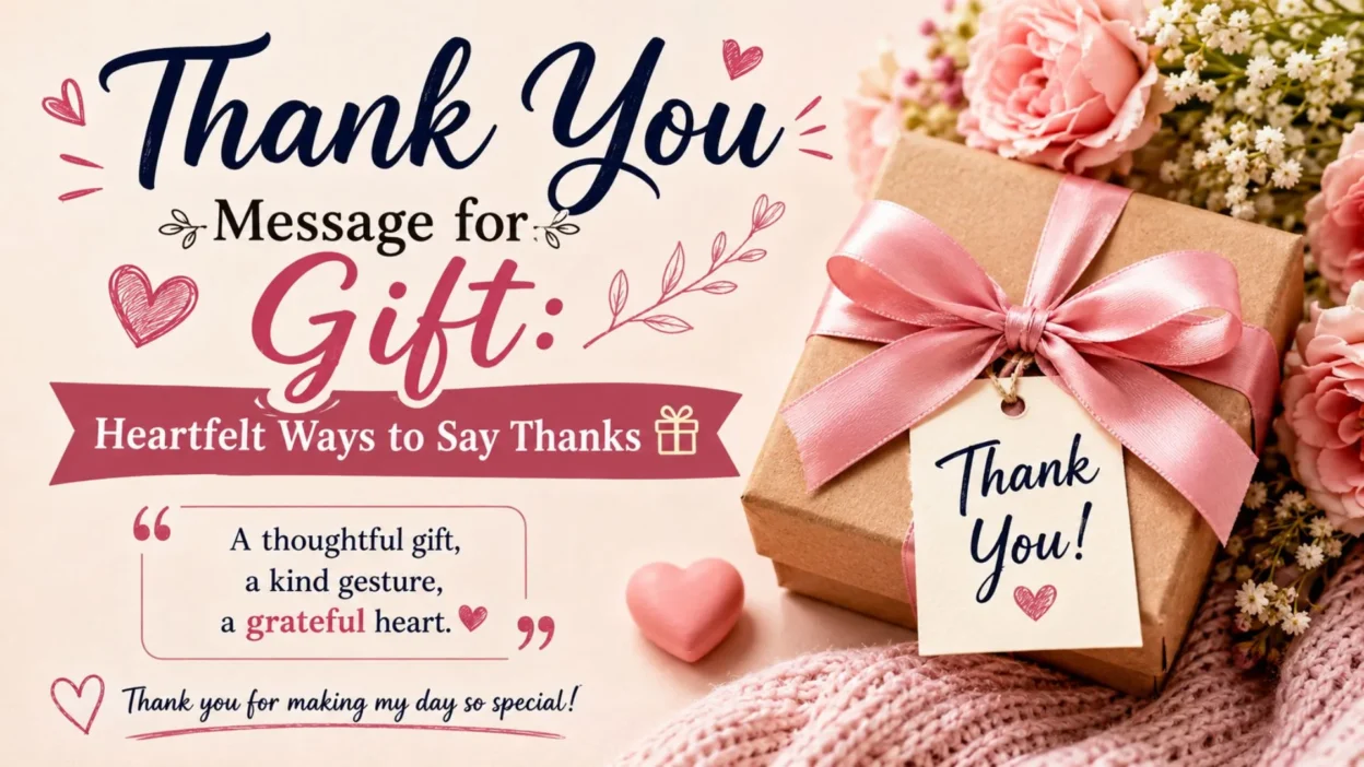 Thank You Message for Gift with a wrapped present, pink ribbon, flowers, hearts, and heartfelt appreciation text.