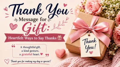 Thank You Message for Gift with a wrapped present, pink ribbon, flowers, hearts, and heartfelt appreciation text.
