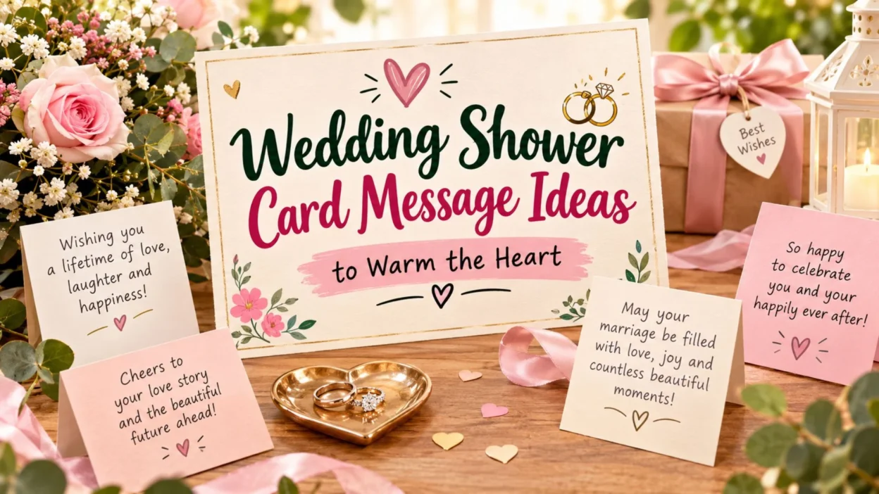 Elegant wedding shower card message graphic with flowers, wedding rings, gift box, and heartfelt wishes.