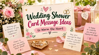 Elegant wedding shower card message graphic with flowers, wedding rings, gift box, and heartfelt wishes.